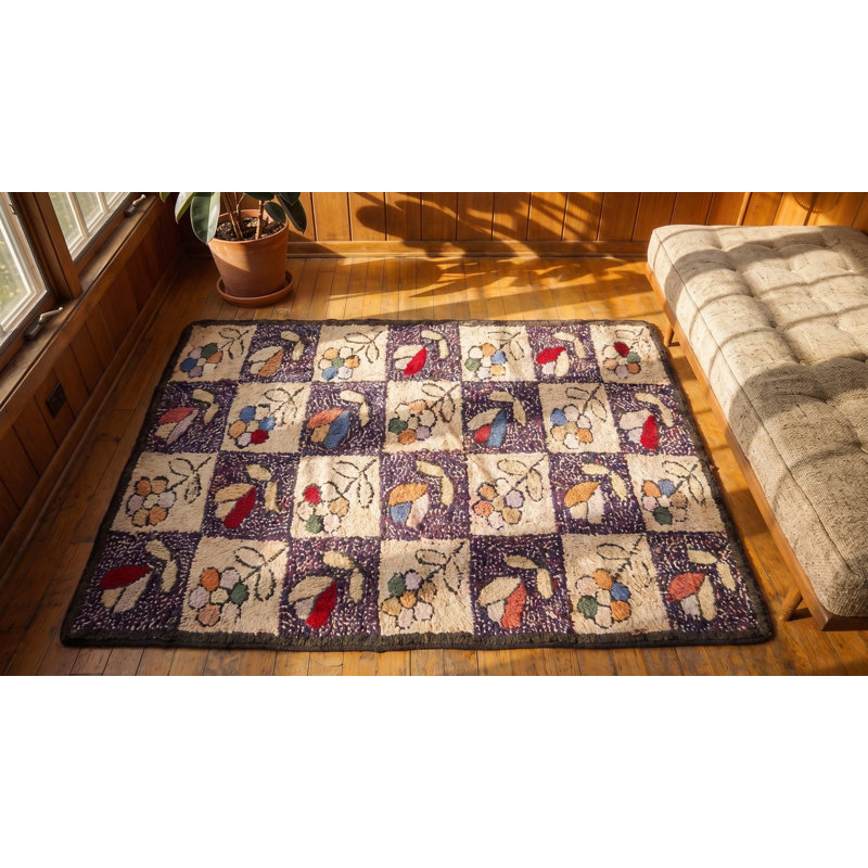 American Hooked 1930s Small Scatter Size Antique Multicolor Wool Rug