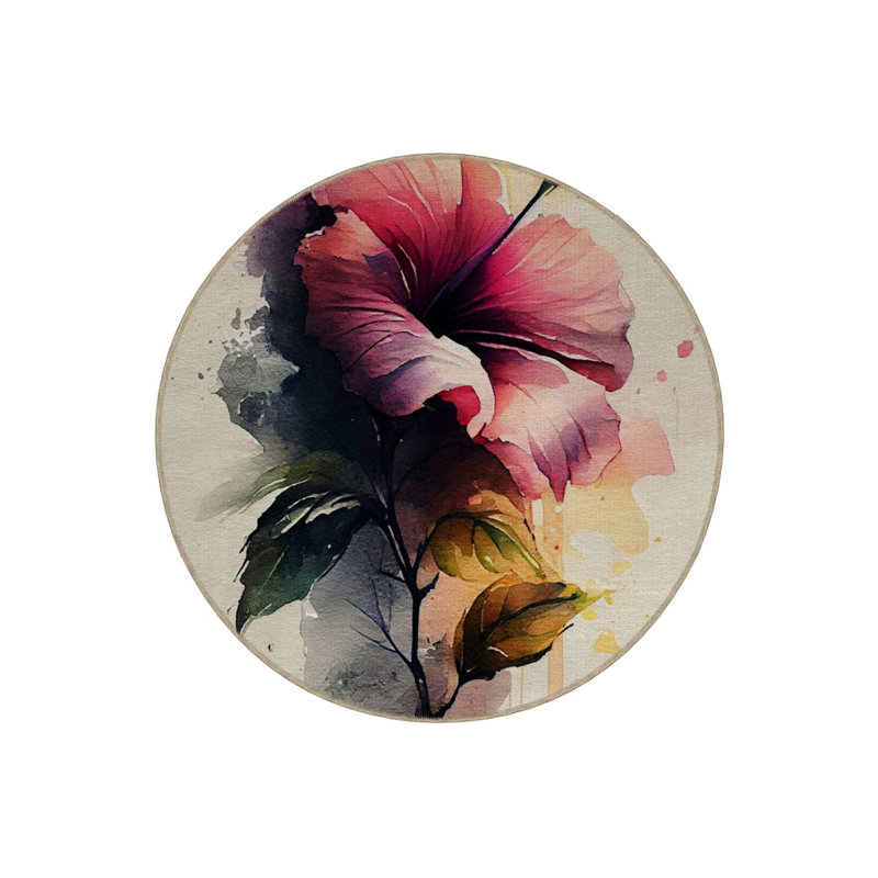 Decorative Carpet With Colorful Flower Details And Watercolor Look, Round 5'