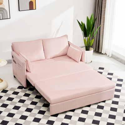 55"Convertible Sofa Bed,Pull Out Bed,3-In-1 Sofa With Side Pocket& USB Ports,Modern Corduroy Couch For Living Room, Small Space, Apartment, Bedroom, Pink