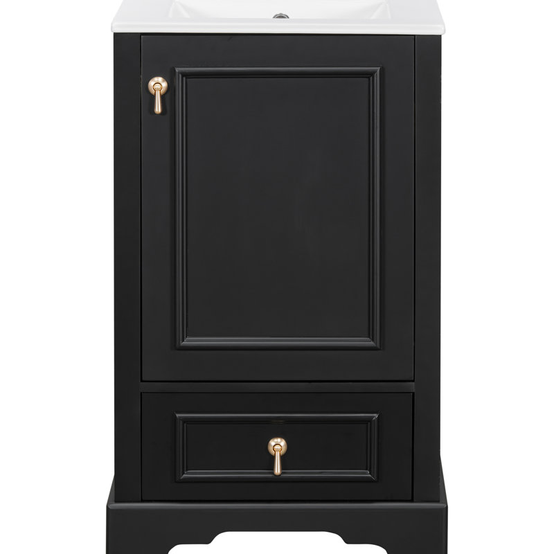 Meuble-lavabo de 20 po avec évier en céramique, porte et tiroir à fermeture en douceur, tablette ajustable en forme de U, poignées en alliage d'aluminium de style moderne, support de rangement à compartiments, tablette pour