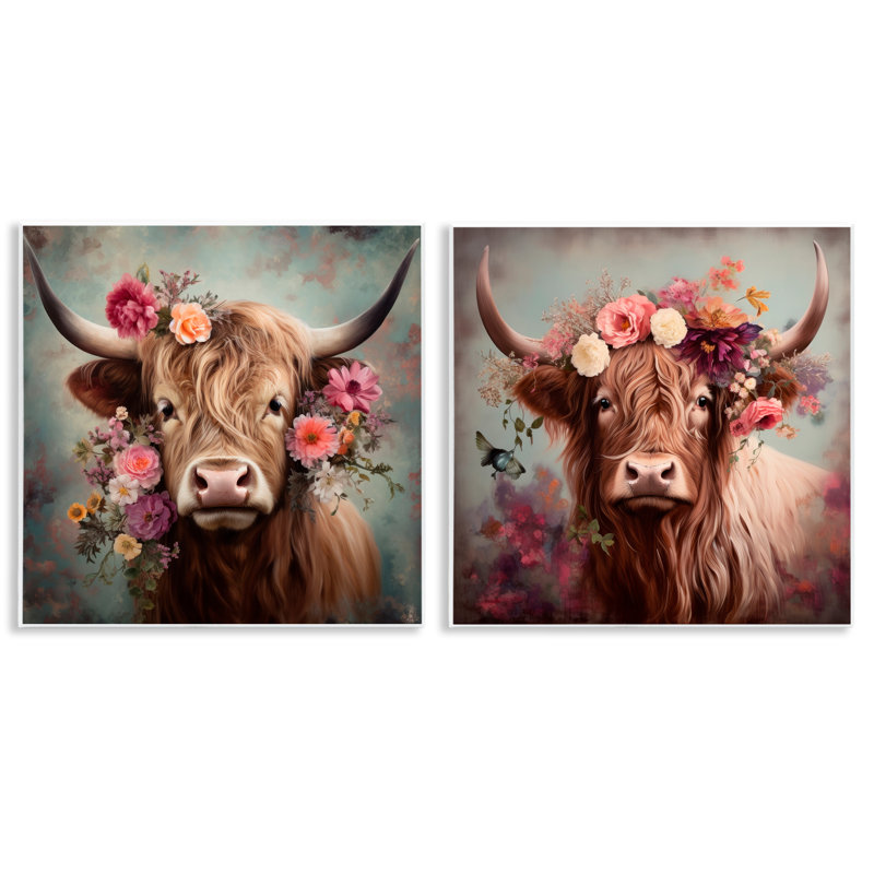 «Highland Cow Field Flower Crown», ensemble de 2 plaques murales par Irena Orlov