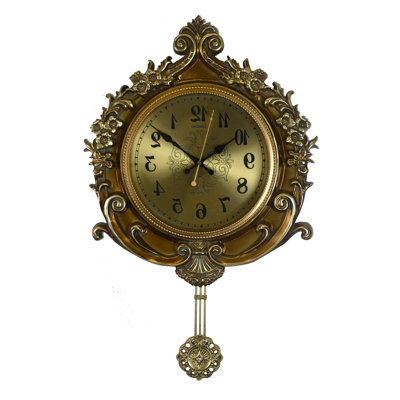 Horloge murale ronde ornée à pendule silencieux en résine dorée et noire de 17 pouces