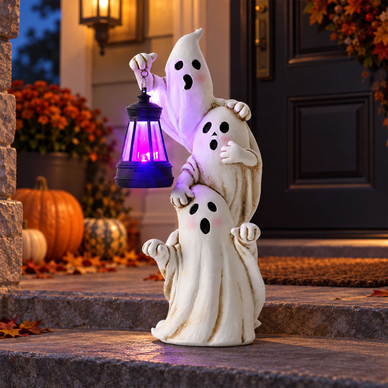 Décoration de jardin d'Halloween à trois fantômes avec lanterne solaire