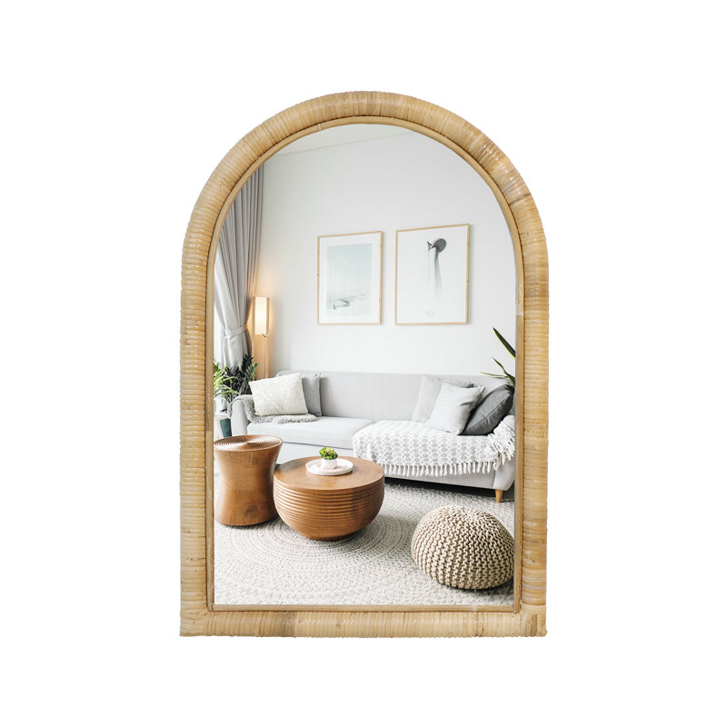 Elize Arch Handcrafted Rattan Wall Mirror, Natural Boho Décor Accent, For Livingroom, Bedroom, 24" x 16"