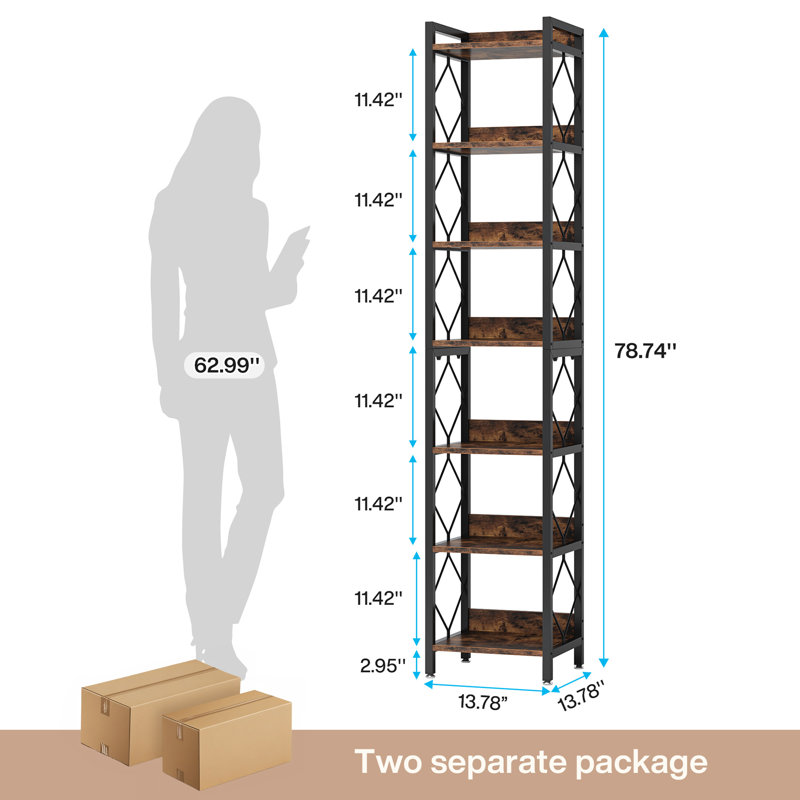 Pottersmoor 79" H Etagere Corner Bookcase, (7 Shelves) 79" H x 27" W x 13" D, Rustic Brown