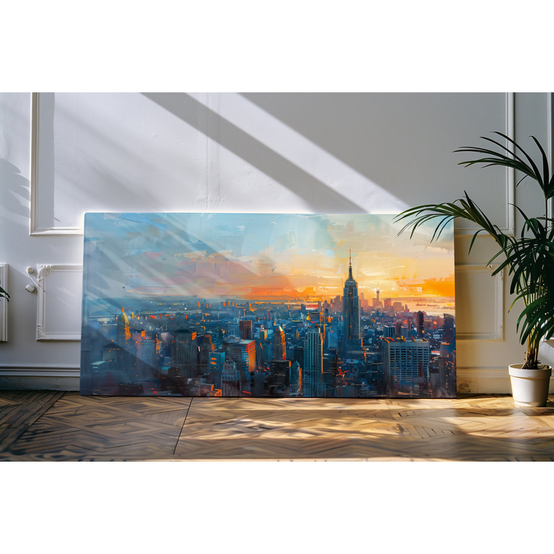 Bilder auf Leinwand 120x60cm Metropole Hochhäuser Skyline Sonnenuntergang Kunstvoll