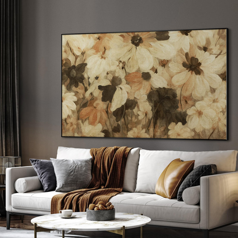 Très grande reproduction d'art sur toile - marguerite beige et brune rétro sur fond champêtre pour le salon ou la chambre à coucher - «Assemblage requis du cadre (cadre non fini)»