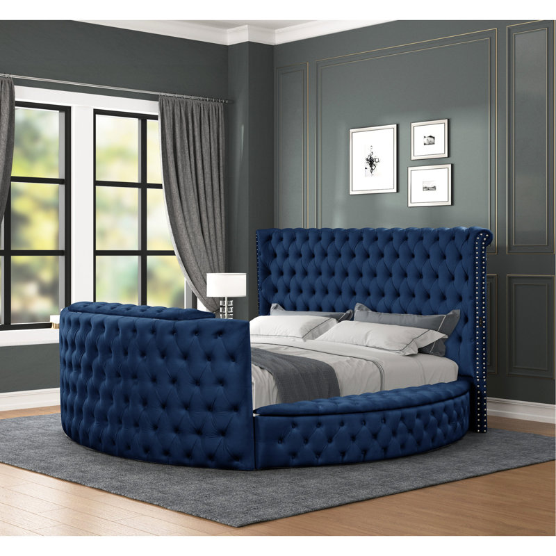 Grand lit en cristal bleu en cristal pour chambre à coucher avec base bleue moderne et tête de lit tendance, Grand lit, Bleu