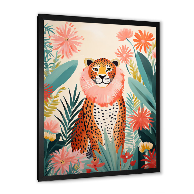 Vert et rose léopard, élégance tropicale IV - Impression sur toile encadrée léopard, Cadre simple noir