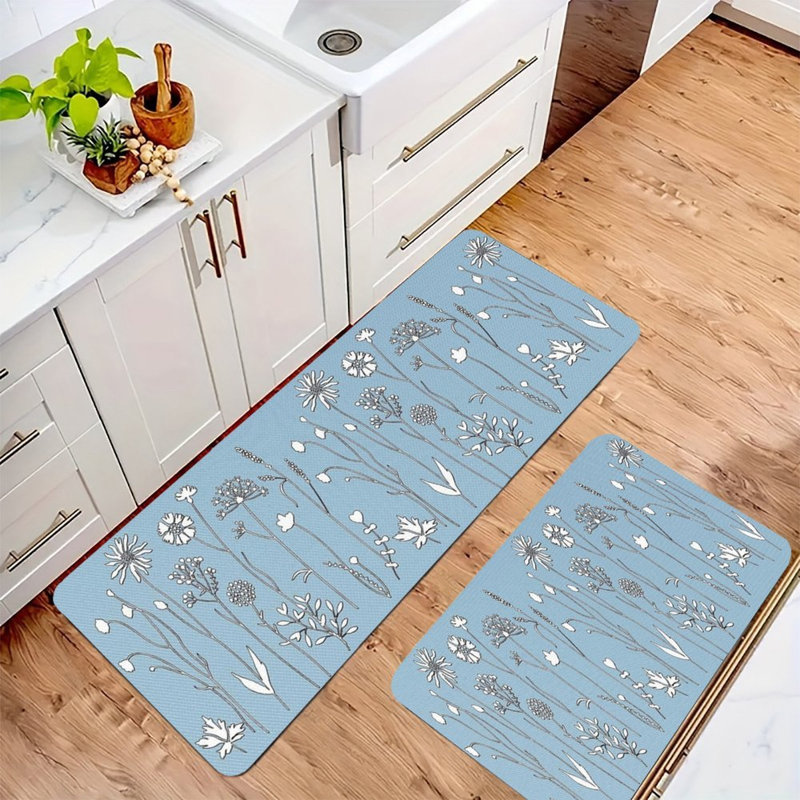Tapis de sol antidérapant doux, tapis 2 pièces à motif de fleurs sauvages minimalistes pour la cuisine et la salle de bain
