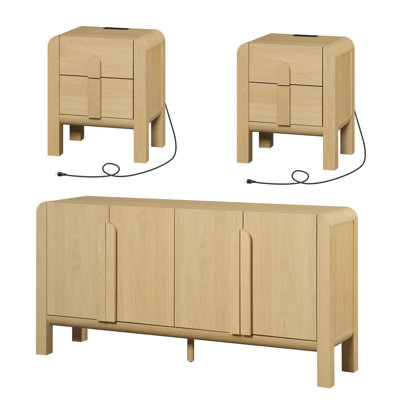 Mid-Century Modern Dresser And Nightstand Sets For Bedroom, 3 Pcs Bedroom Set，Night Stand Set Of 2, Dresser With Curved Profile Design, Wooden Chest Of Drawers Storage Cabinet Set