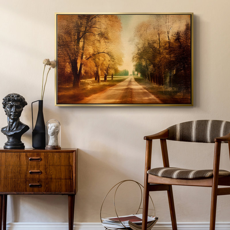 Paysage rétro CCXXII, Toile avec cadre flottant or, H 17 po x l 25 po x P 2 po