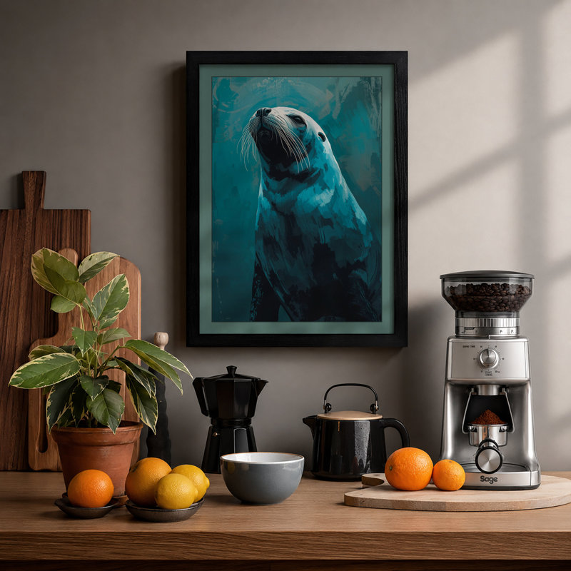 Seal In Teal Waters Coastal - Print, Black, A3 - 42.0 x 29.7 cm