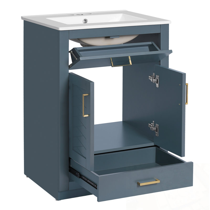 Meuble-lavabo avec lavabo, 2 portes et 1 tiroir basculant, Bleu