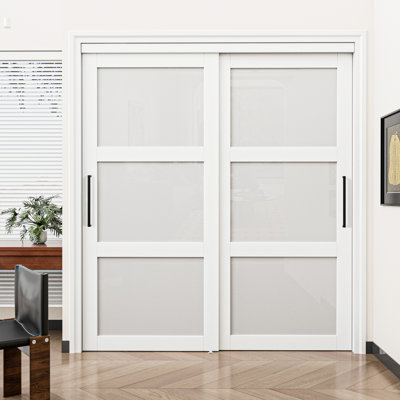 Space-Saving 80"  MDF Frosted Glass Pantry Closet Sliding Door With All-Inclusive Hardware Set