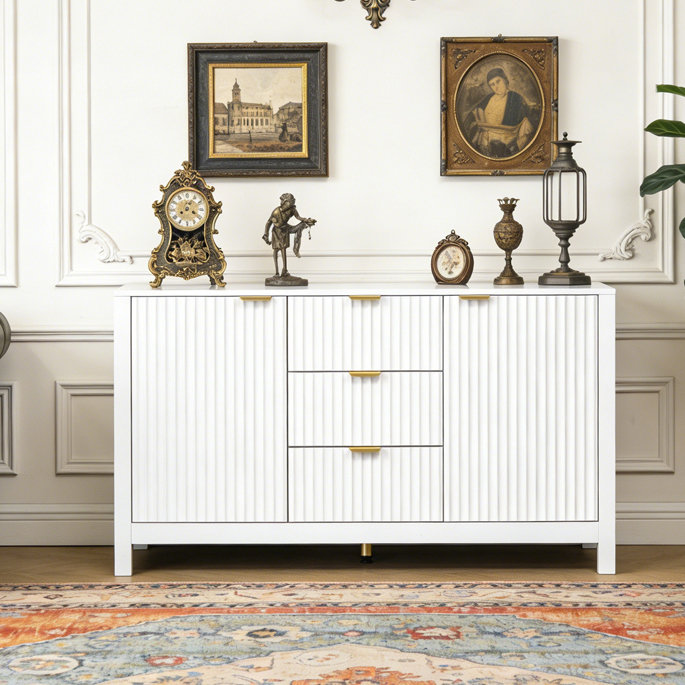 Buffet à motif ondulé - 3 tablettes réglables, 3 tiroirs et portes à fermeture en douceur, Blanc
