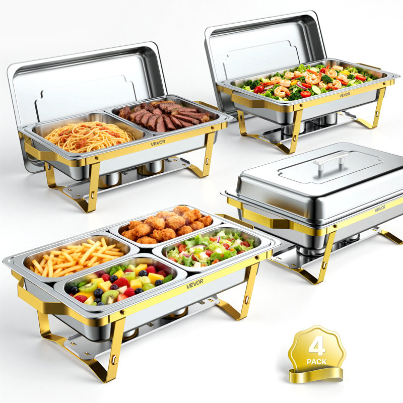 Chafing Dishes for Buffet Set, 9QT Stainless Steel Chafer, for Banquet Party Wedding, Rectangle Buffet Server Warmer, 2 Full & 2 Half & 4 Fourth-Size Pans, Fuel Holder, Tong, Glass Pad