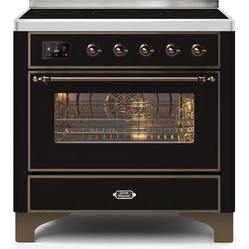 Cuisinière à induction 36 pouces avec 5 éléments à induction ILVE Majestic II Series (porte en verre), Noir brillant / bronze