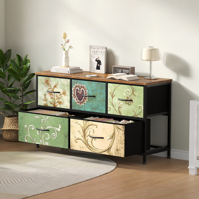 Kathiria 39.4"W 5 Drawer Small Dresser, Kid Dresser, Flower