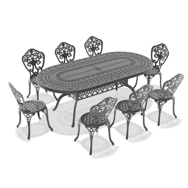 Mobilier de salle à manger résistant aux intempéries 9, aluminium coulé, noir, salle à manger en aluminium minimisant le bruit, conditions difficiles