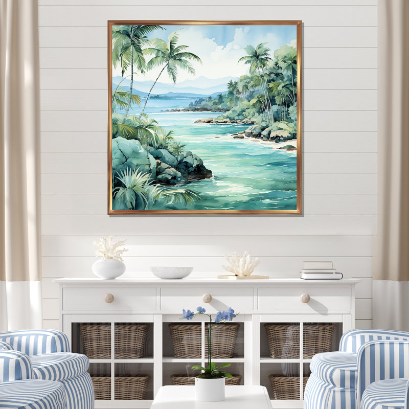 Tropical Beach Escape 1 - Art mural côtier tropical, Cadre photo noir, H 16 po x l 16 po