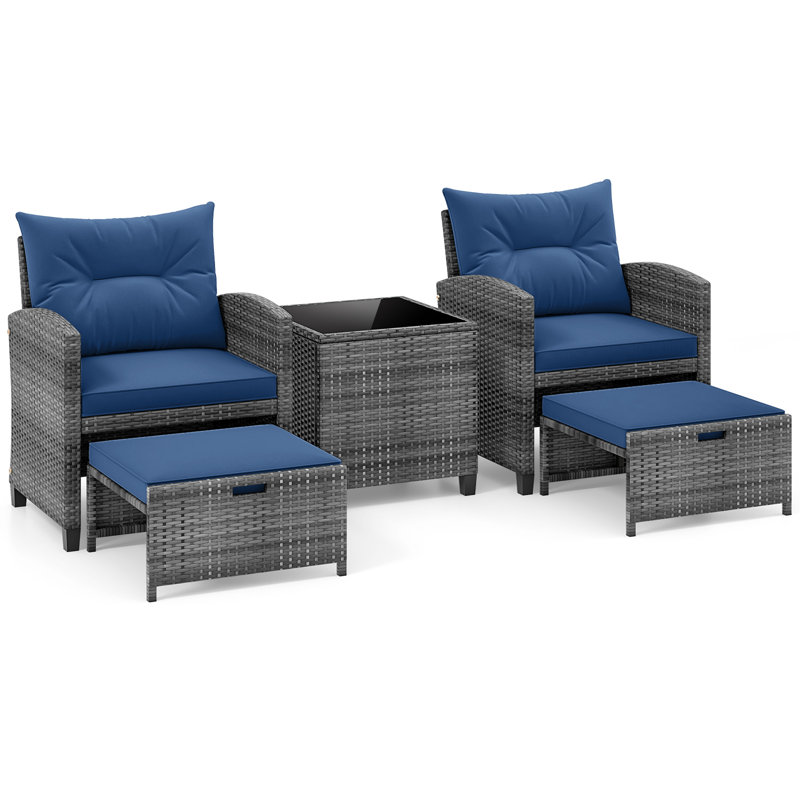 5 Piece Patio Rattan Furniture With 2 Ottomans & Tempered Glass Coffee Table, Gray