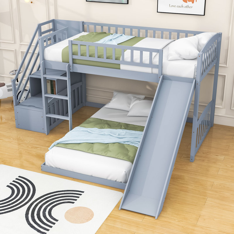 Lits simples superposés en L en bois avec glissière et rangement, gris