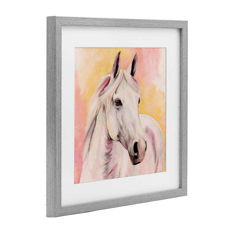 «Sunset White Horse», reproduction d'art sous verre encadrée par Kim Allen, Cadre de ferme gris, H 13 po x l 13 po