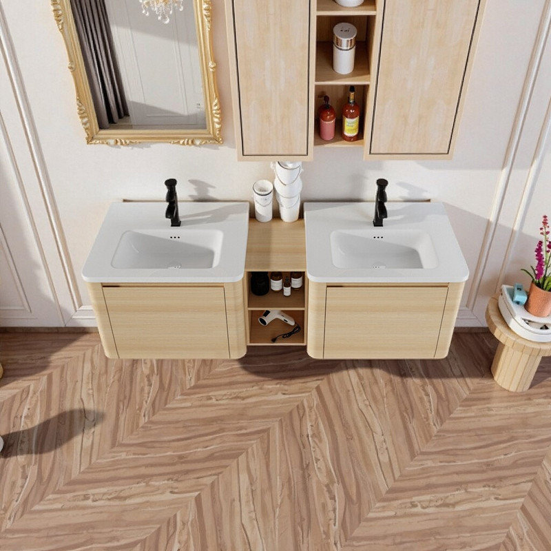 Meuble-lavabo mural 68 po avec lavabo en céramique et tablettes de rangement KD, 68"