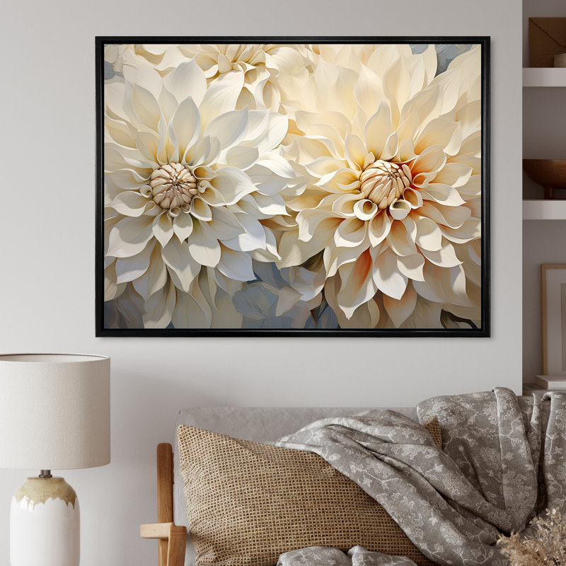 Dahlia blanc fleurs minimalistes, Cadre flottant noir, H 12 po x l 20 po x P 1 po