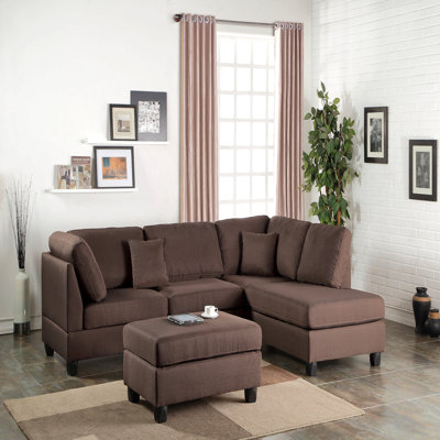 Chocolate Color 3Pcs Sectional Living Room Furniture Reversible Chaise Sofa And Ottoman Polyfiber Linen Like Fabric Cushion Couch