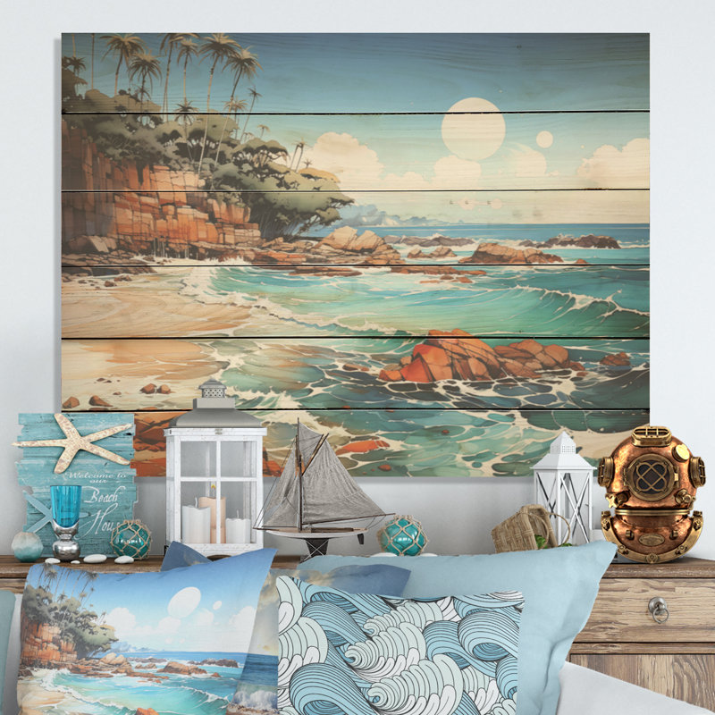 «Beach Waves Fusion I - Coastal Beach», art mural sur bois de pin naturel, H 30 po x l 40 po