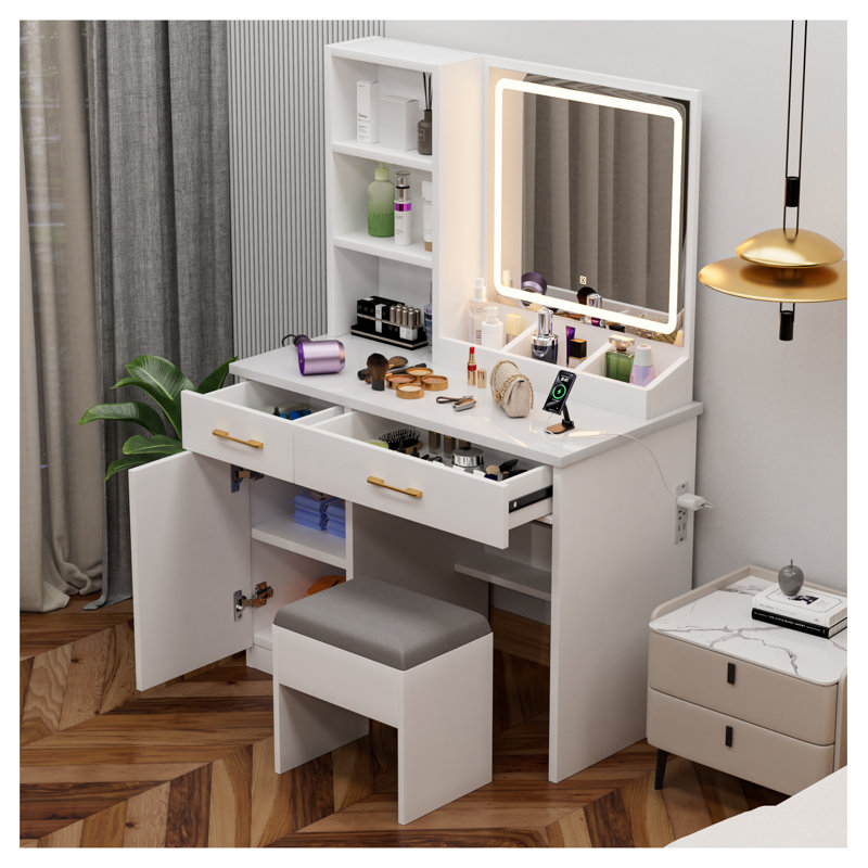 Vanity Table with 3-Light Modes, Power Outlet + Storage