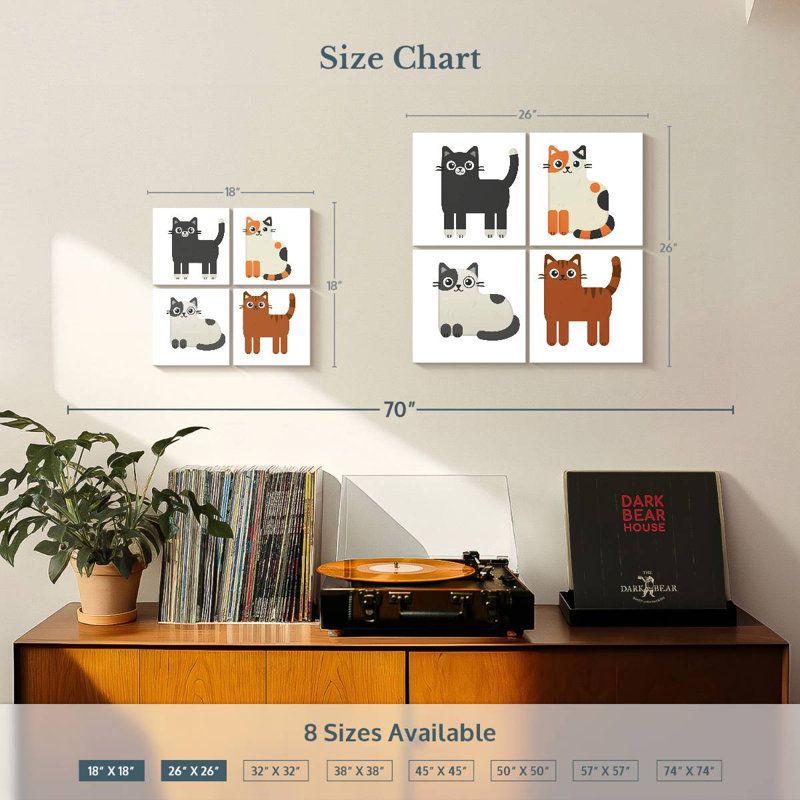 Chats colorés, H 18 po x l 18 po