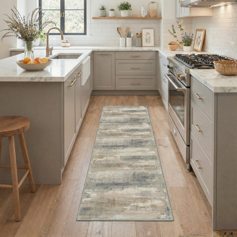 Aura Modern Abstract Machine Washable Brown / Grey / Beige Indoor Area Rug with Non-Slip Backing, Runner 2' x 6'