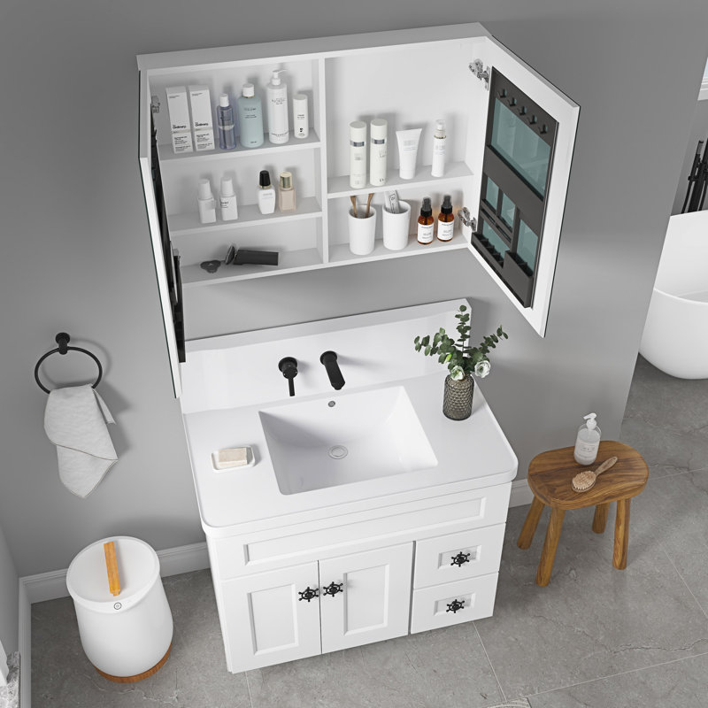 Armoire à pharmacie de salle de bain l 36 po x H 26 po, aspect miroir biseauté, espace de rangement spacieux, réflexion, bois d'ingénierie robuste et silencieux, espace blanc de 36 po x 26 po, mécanisme de porte,