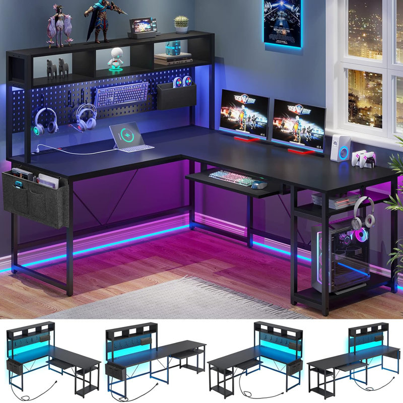 Truet Computer Desk with Hutch and Built in Outlets, Black/Black
