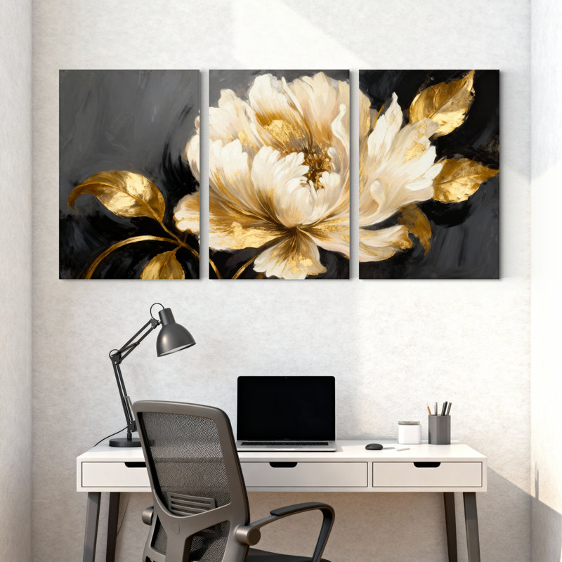 Pivoine fleur dorée sur fond foncé, ensemble de 3 impressions sur toile, H 36 po x l 72 po