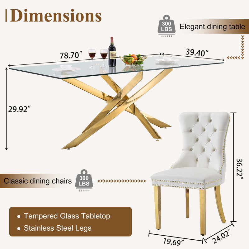 78.7" Rectangle Glass Dining Table Set With Polished Stainless Steel X-Base And Velvet Upholstered Nailhead Trim Dining Chairs