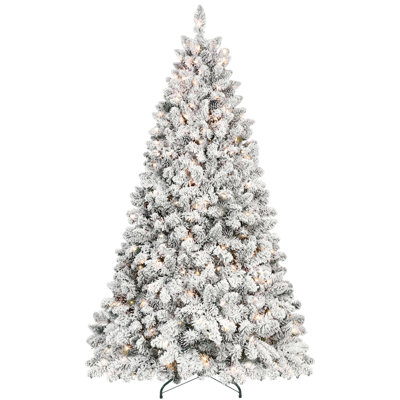 4 pi. Arbre de Noël floqué avec 150 lumières UL, 366 pointes - pointes en PVC enneigées, 21 pommes de pin naturelles, fil à mémoire, structure à charnières, arbre de Noël artificiel vert, support en métal stable, installation facile