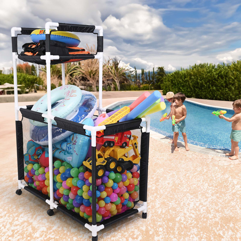 Extra Large Mesh Pool Storage Bin Noodles Holder Toys Organizer Rolling 6 Wheels Double Decker Cart