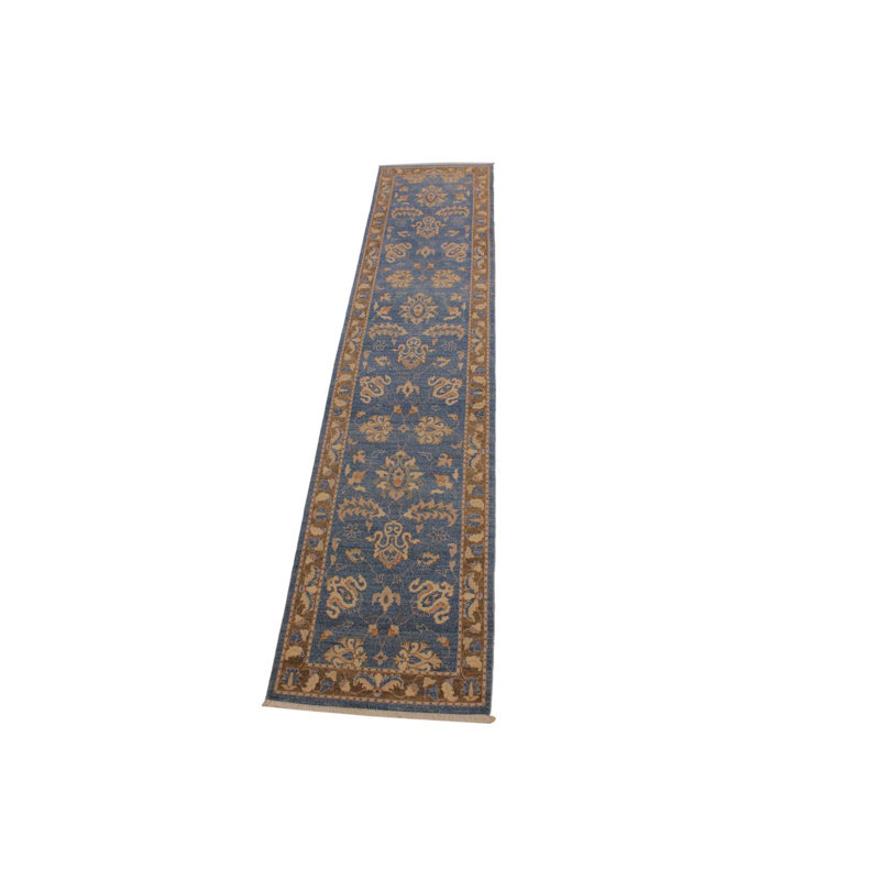 Tapis de couloir bleu marine / brun en laine noué à la main 2 pi 7 po x 12 pi 2 po Grigori