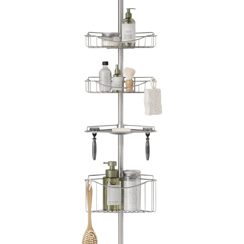 Serviteur de douche à poteau de tension réglable avec 3 tablettes et plateau à savon, organisateur de salle de bain résistant à la rouille avec paniers grillagés, supports de rasoir et crochets pour un rangement amélioré