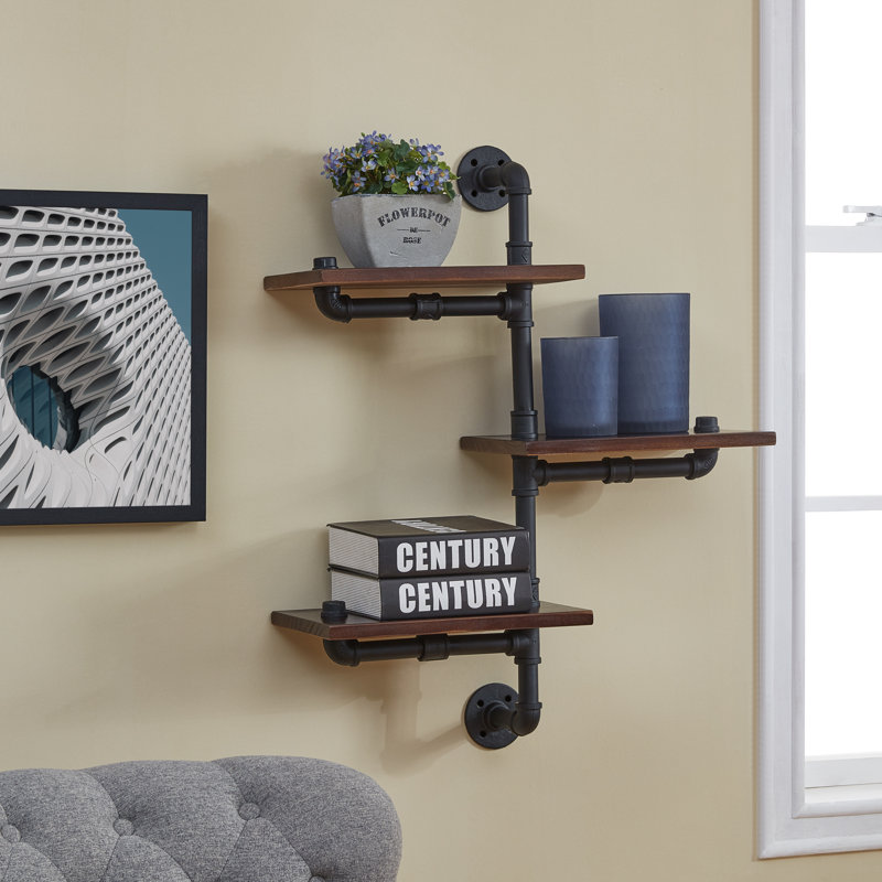 Helbert 3 Tier Staggered Rustic Inductrial Pipe Wall Shelf