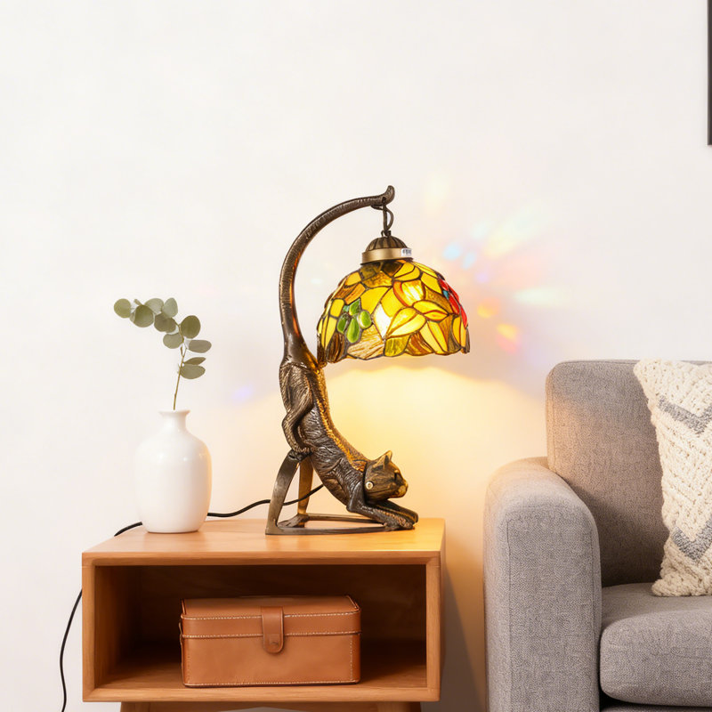 Lampe de table 15,3 po de style Tiffany avec base en résine et lampe en verre coloré avec ampoule
