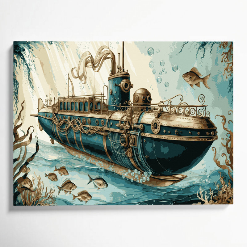 Transport, sous-marin, illustrations, toile brune, H 20 po x l 30 po