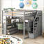 Lit mezzanine pleine grandeur en pin massif gris froid avec bureau intégré, tablettes et rangement pour chambres résidentielles-129380456