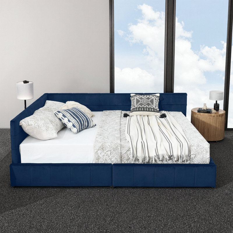 Queen Velvet Tufted Storage Sofa Bed with Backrest & Drawers - Dark Blue Mid-Century Daybed (85.5"x64.5"x29.5"), Dark Blue