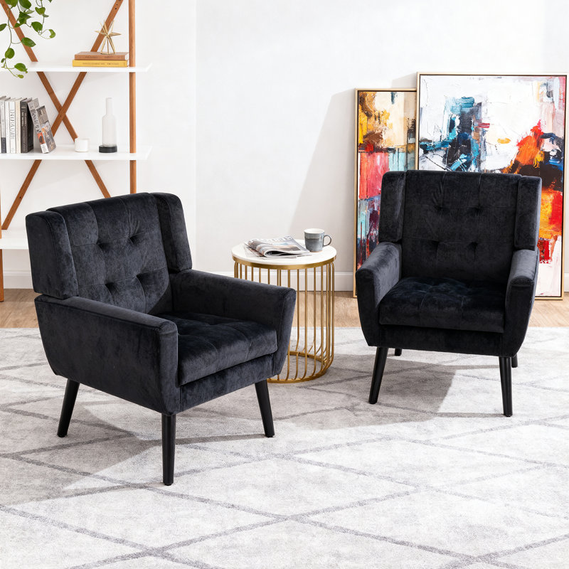 Tufted Upholstered Wide Back Armchair（Set of 2）, Black Velvet