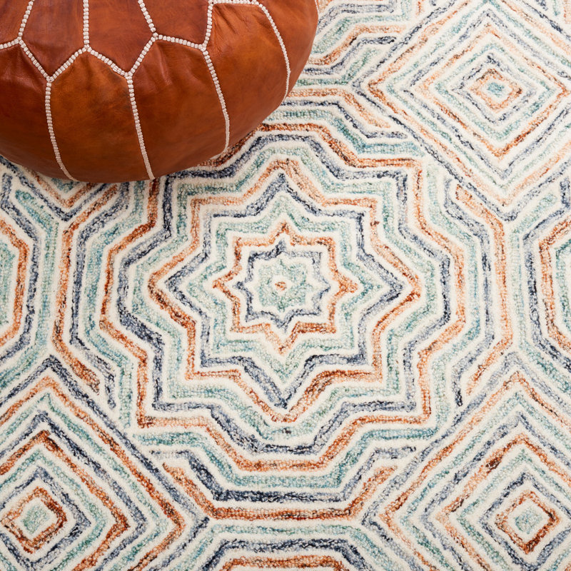 Tapis bleu / rouille en laine touffeté à la main Daly, Rectangle 9 pi x 12 pi